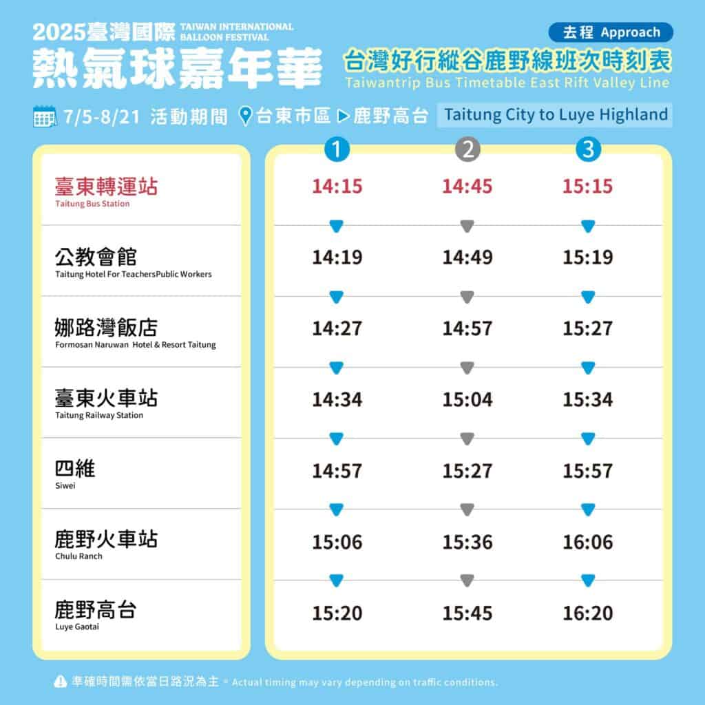 台東熱氣球嘉年華接駁車時刻表